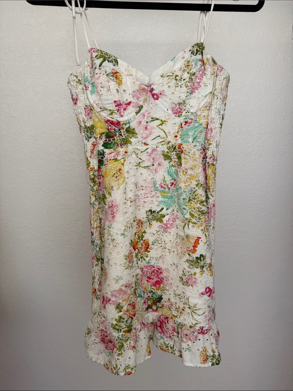 Astr Floral Eyelet Mini Dress - White with Pink, Green & Yellow
